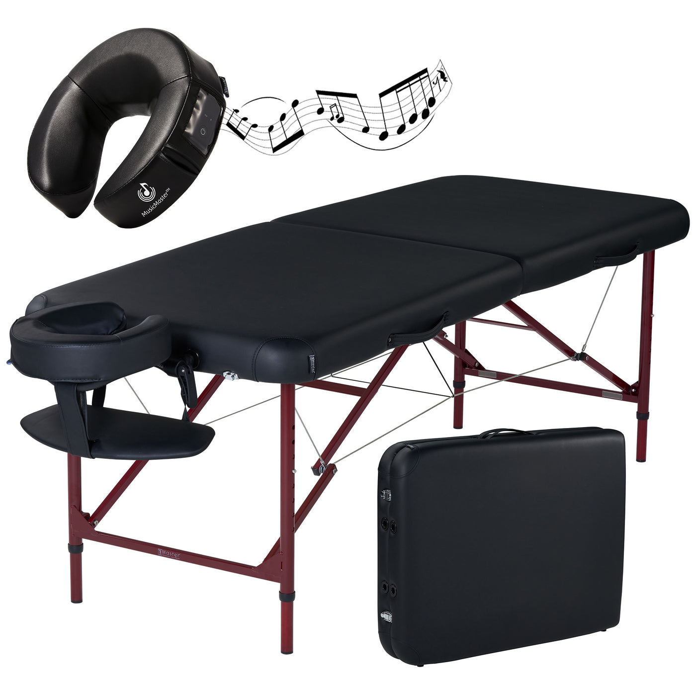 Master Massage ZEPHYR portable table with face cradle, music notes, and folded carrying case.