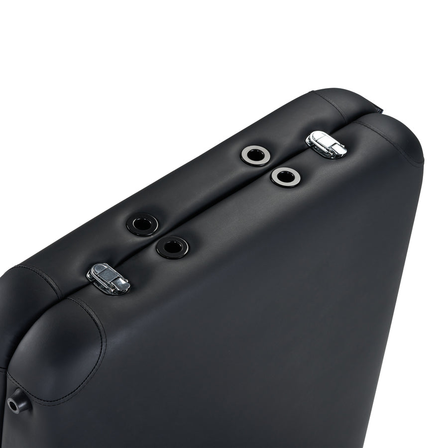 Close-up of folded Master Massage ZEPHYR Portable Table with metal latches and handles.