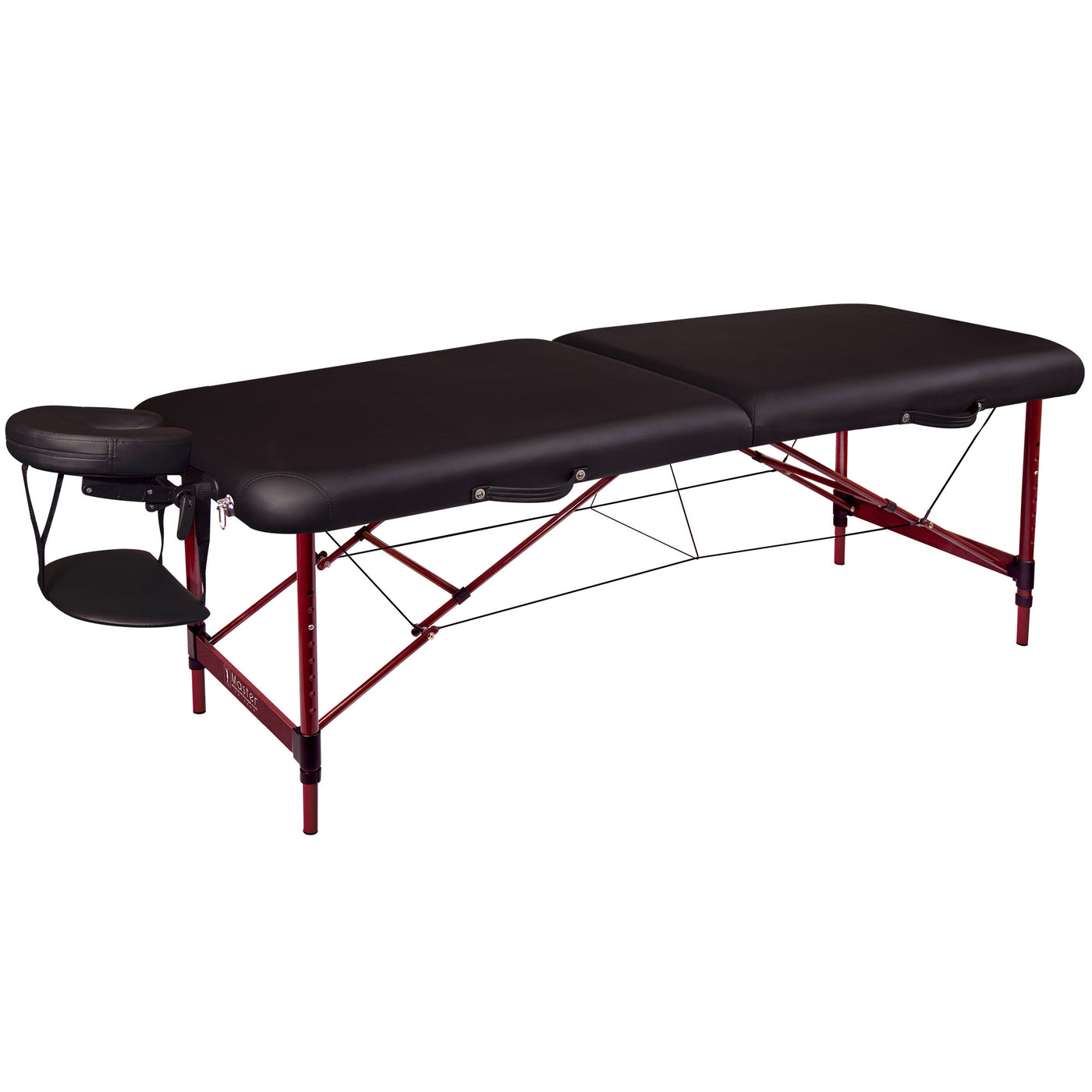 Master Massage ZEPHYR: Lightweight, portable table with black cushions, red legs, adjustable cradle.