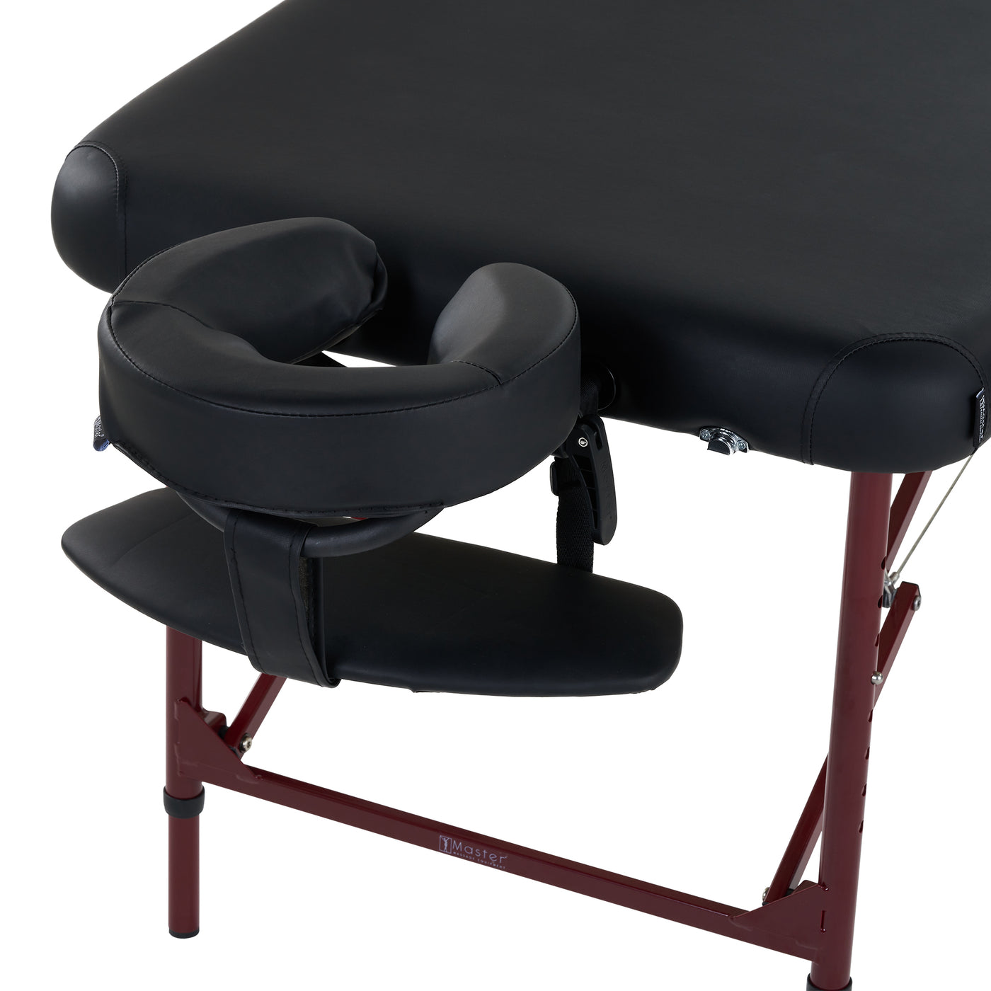 Master Massage ZEPHYR table with adjustable face cradle, red legs, viewed from above at an angle.
