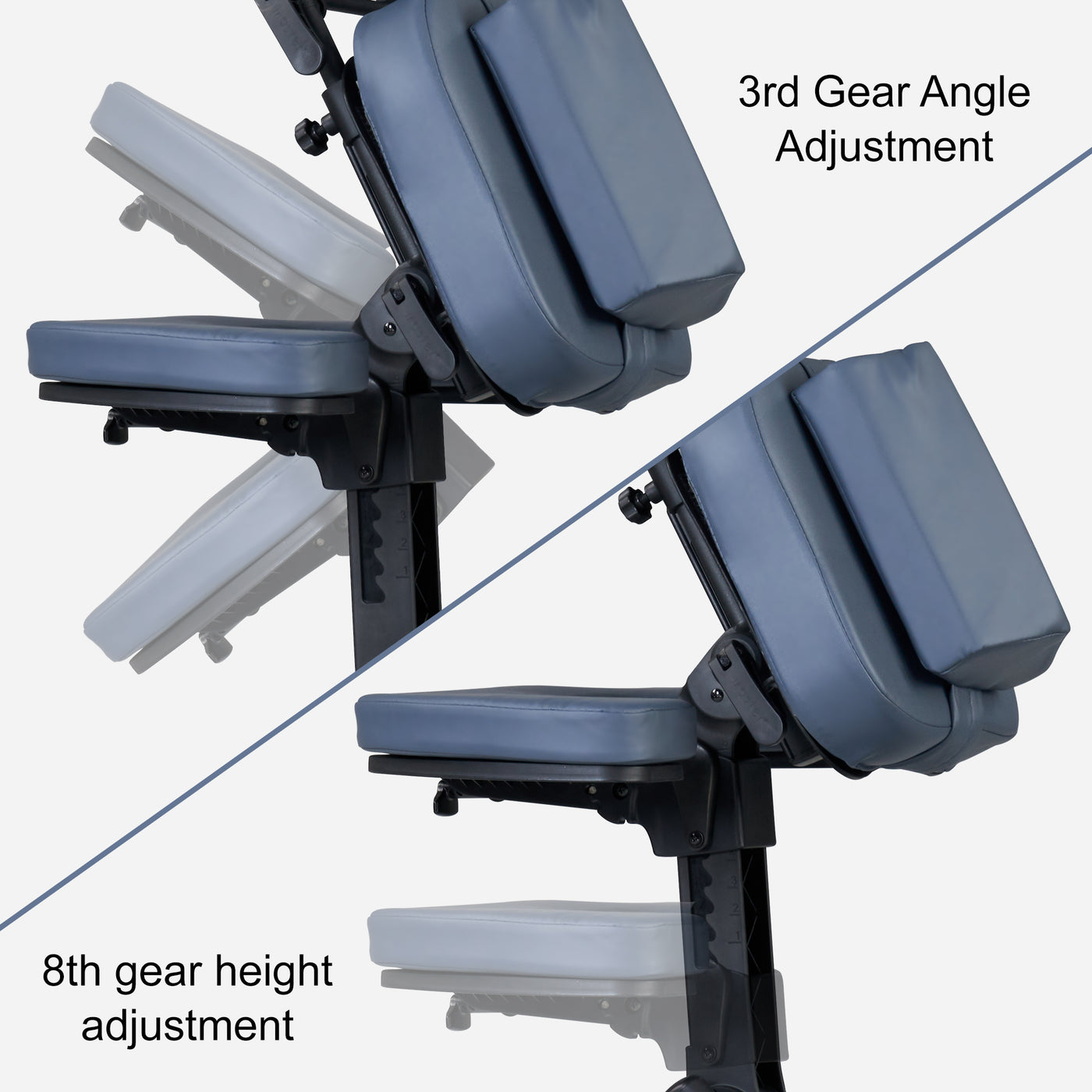 Close-up of Master Massage RIO Chair showing 3rd gear angle and 8th gear height settings.