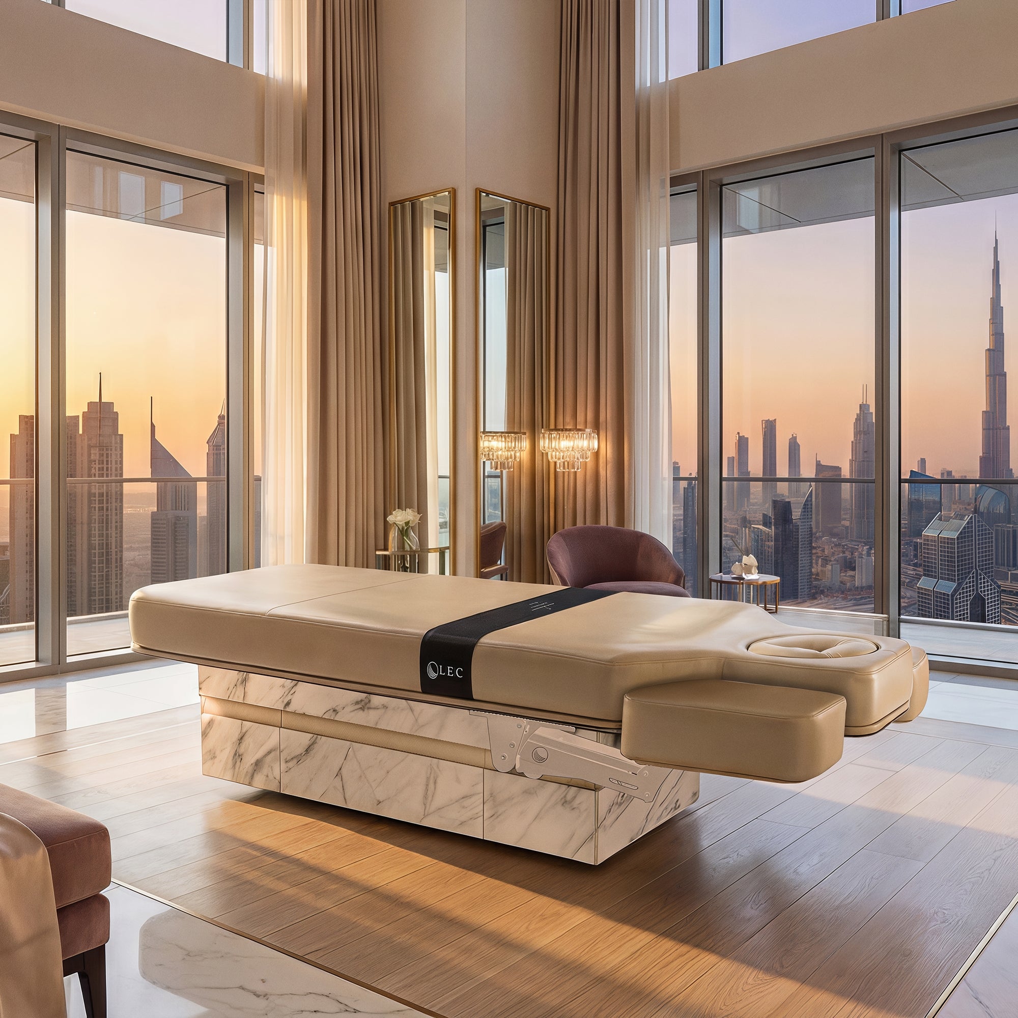 Living Earth Crafts Alhambra Multi-Purpose Treatment Table in a luxurious room with city skyline view
