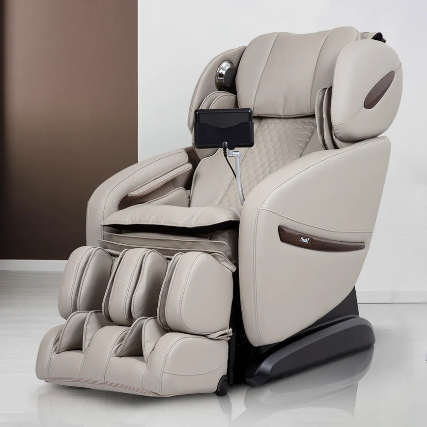 Beige Osaki OS-Pro Alpina massage chair with footrests, touchscreen, and body scan.