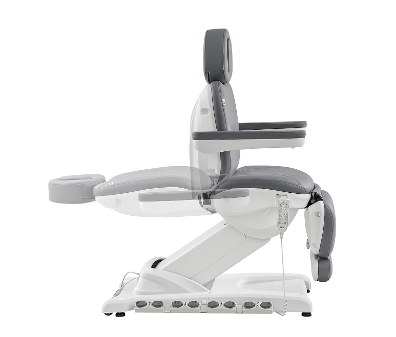 DIR Apollo II Electric Beauty Bed with Thermo Heat shown upright, reclined, and control panel.