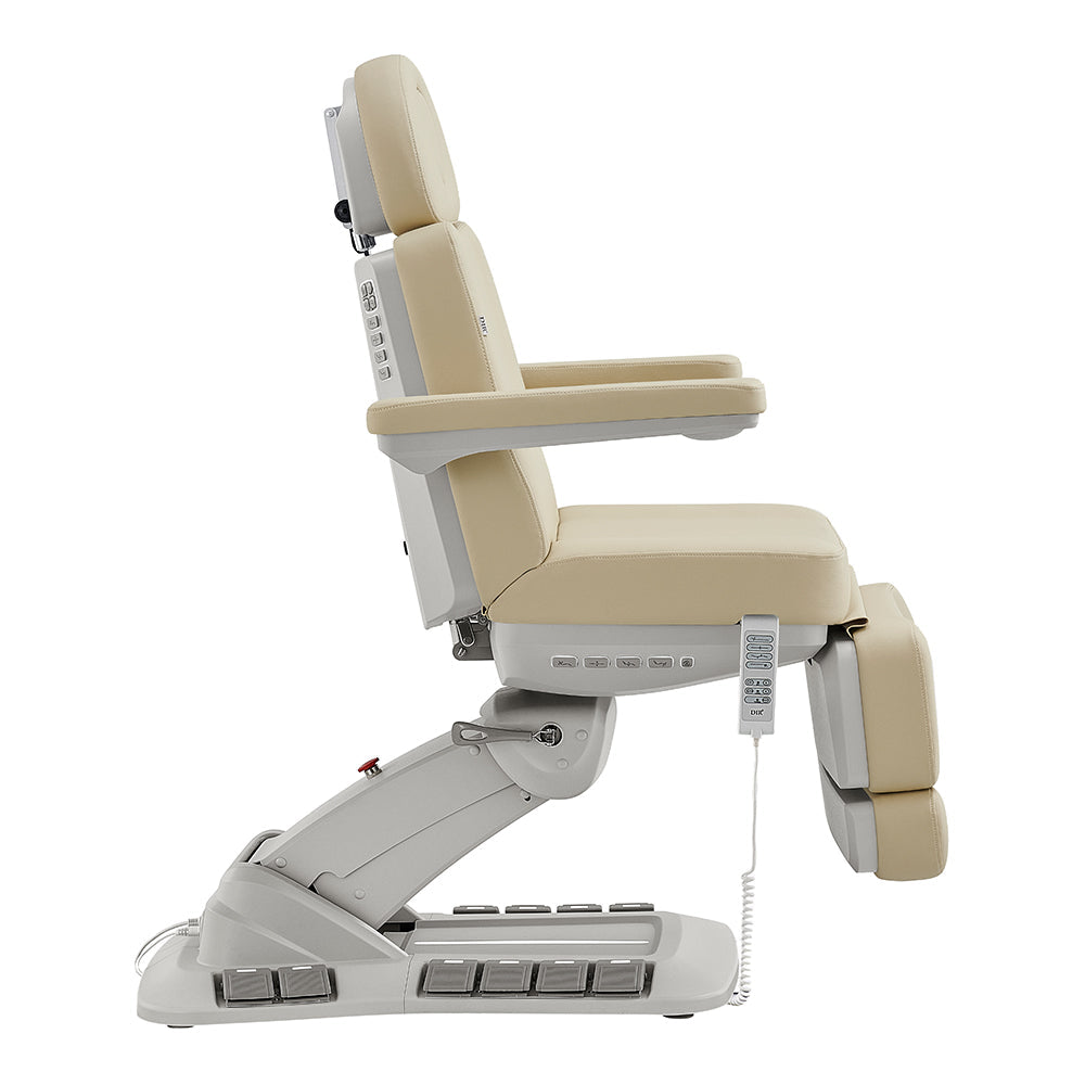 Aurora Medical Spa Table by DIR with 4 motors, hand & foot remote, beige/white, side view.
