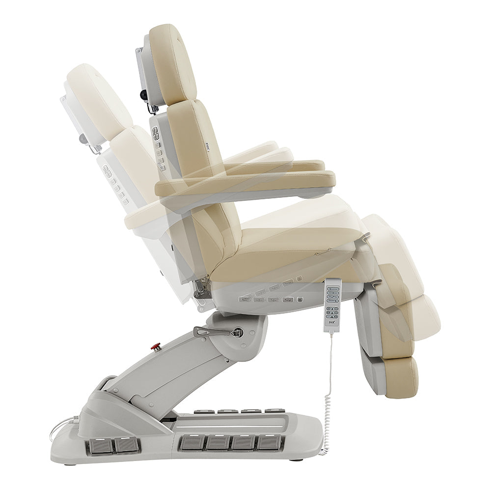 DIR Aurora Medical Spa Table, 4 motors, beige, shown reclined (side view), hand/foot remote.