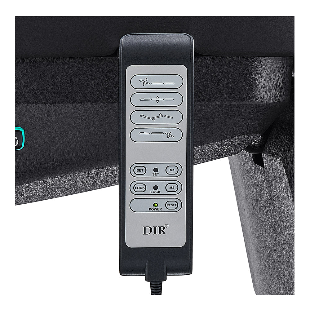 Close-up of DIR Aurora Spa Table’s wired hand remote with labeled controls for adjustments.