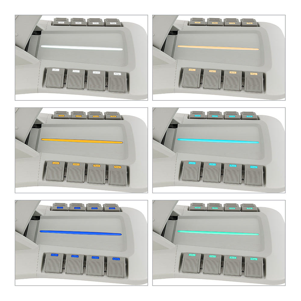 Six views of the DIR Aurora Medical Spa Table's control panel with illuminated, colorful lines.