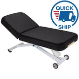 EarthLite Ellora Manual Tilt Top: adjustable electric lift table, black upholstery with quick ship icon on a white background.