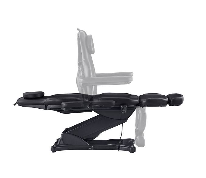 The DIR Bellucci Electrical Facial Bed in black shown reclined and upright on a white background.
