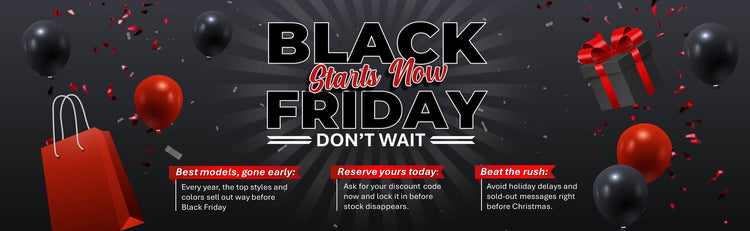 Black Friday promotional banner with shopping bag, balloons, and gift box on a dark background.