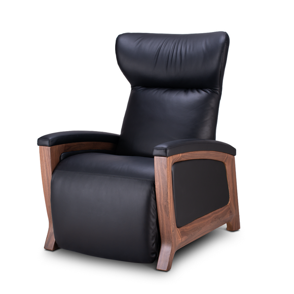 A black leather recliner chair with an adjustable headrest and footrest, featuring a wooden frame and situated against a white background.