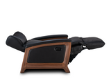 Full recline Svago The Motion Mastery Lounge Chair in Carbon Leather and Natural Wood