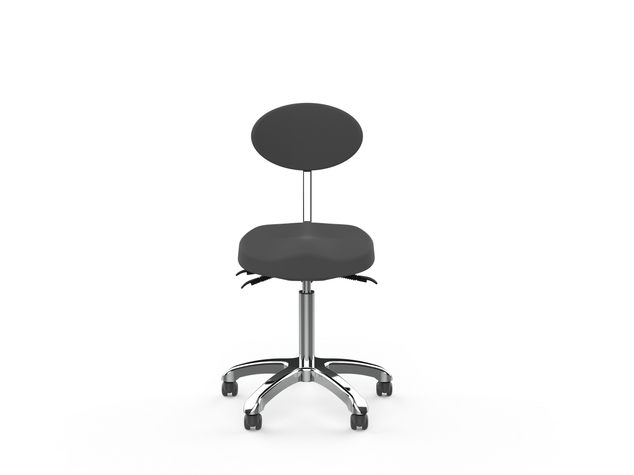 Silverfox America 1025E Beauty Stool with round backrest and five caster wheels, front view.