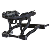 Black metal stand with adjustable arms on a white background