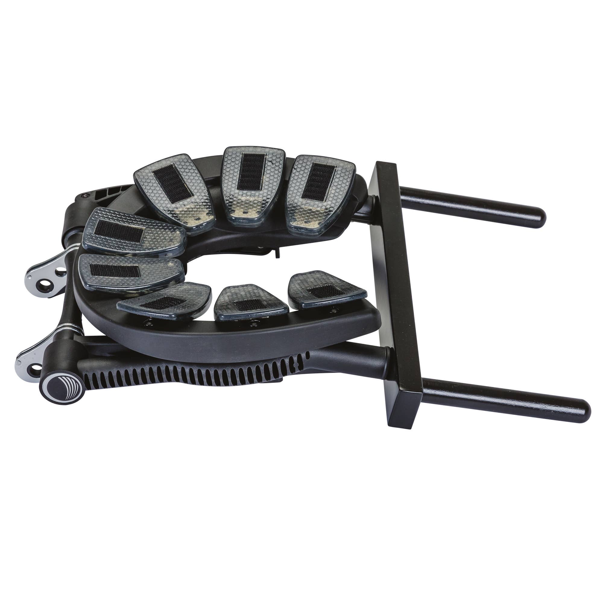 Black metal stand with multiple foot platforms on a white background