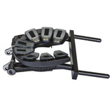 Black metal stand with multiple foot platforms on a white background