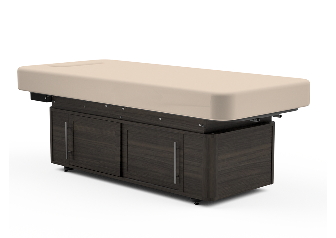 Oakworks CELESTA Flat Top Electric Lift Table: beige cushion, dark wood, storage—ideal for luxury spas.