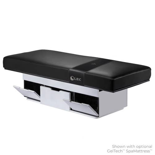 Living Earth Crafts CENTURY CITY dual-pedestal spa table with pull-out drawer, black finish.