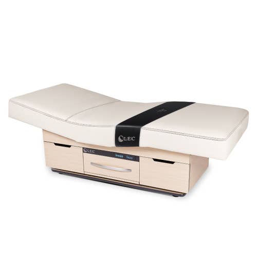 Living Earth Crafts CENTURY CITY table with digital warming drawer and Strata Cloudfill mattress.