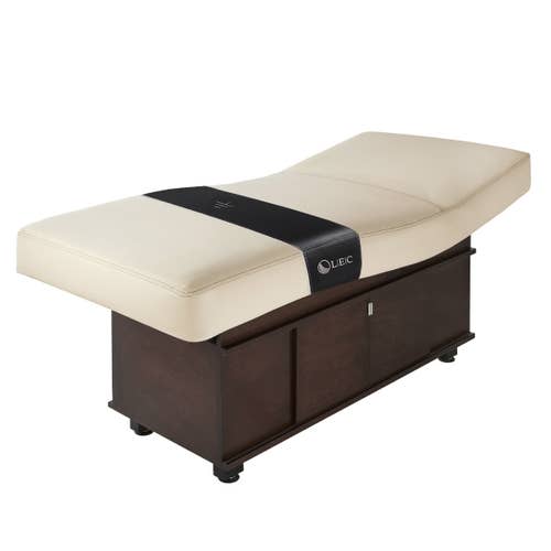 Living Earth Crafts INSIGNIA 2.0 CLASSIC™ spa table with dark wood base and black cushion accents.