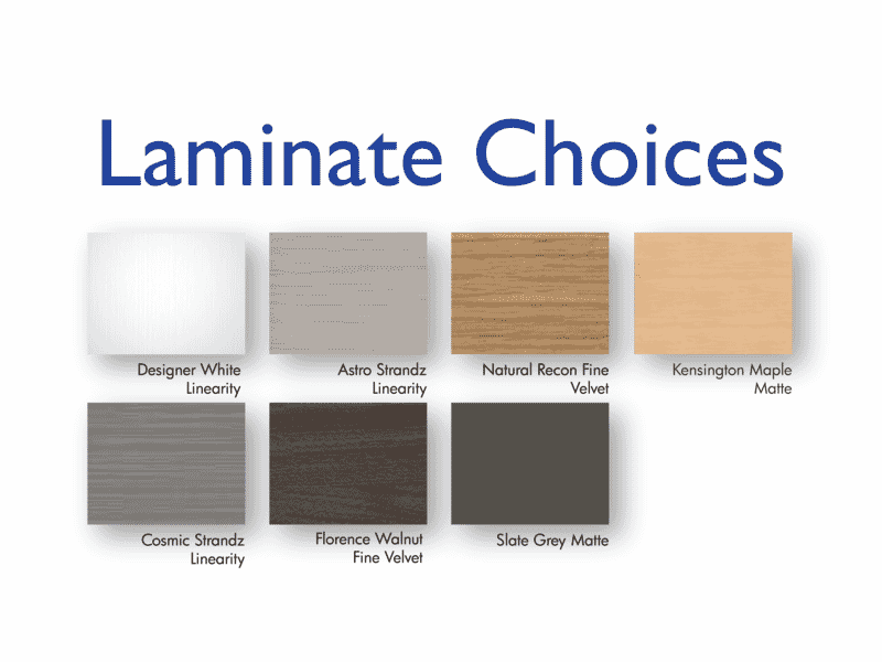 Seven laminate color samples for Oakworks Spa BRITTA Table are displayed in two neat rows.