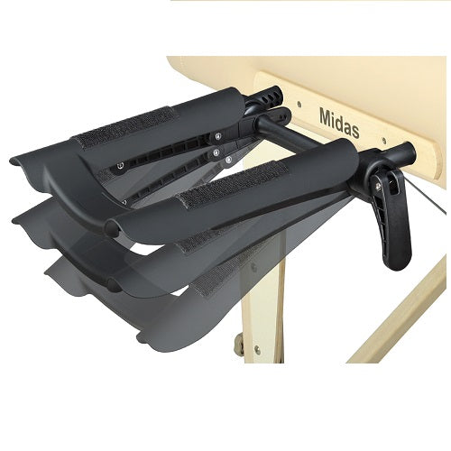 Black adjustable armrests on the beige Master Massage PHOENIX Therma-Top Table with face cradle.