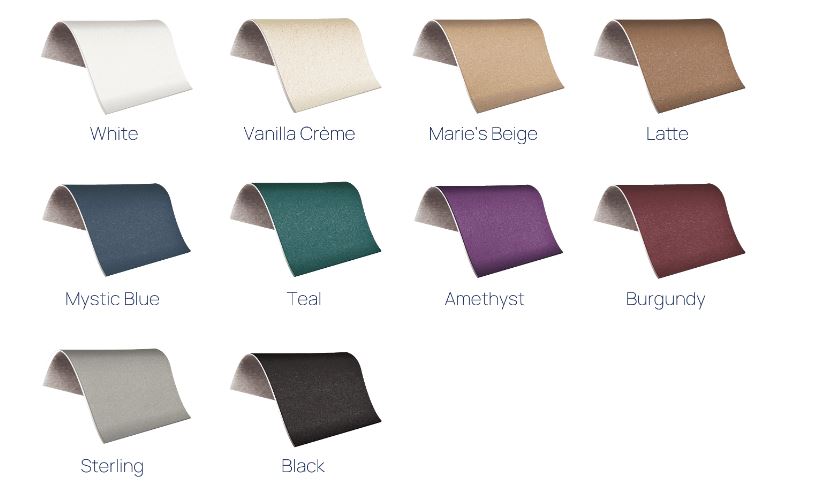 Ten curved fabric swatches for Earthlite Infinity Conforma table, labeled White, Teal, Burgundy.