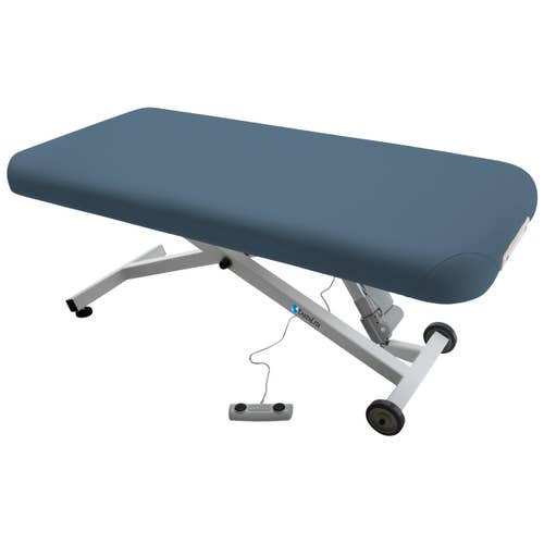 EarthLite Ellora Flat Lift Electric Table—blue, adjustable, with remote control.