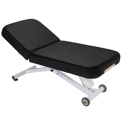 EarthLite QUICK SHIP! Ellora Manual Tilt Top—black padded spa table, white metal frame, wheels.