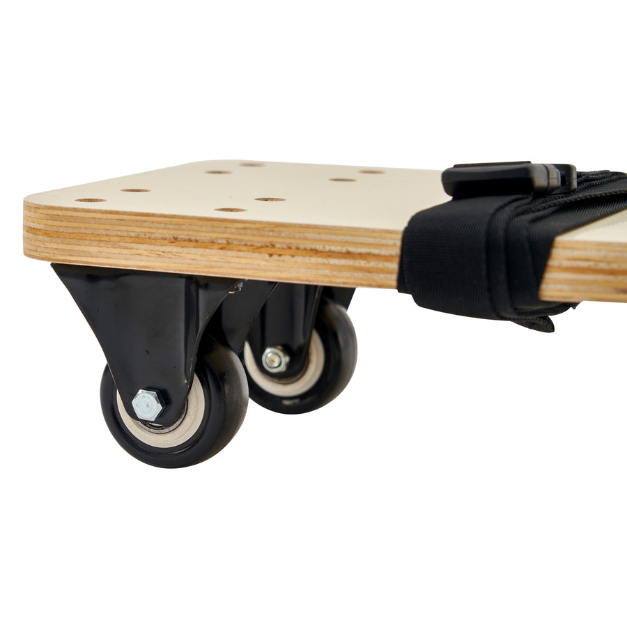 Wooden table cart with wheels and a black strap on a white background