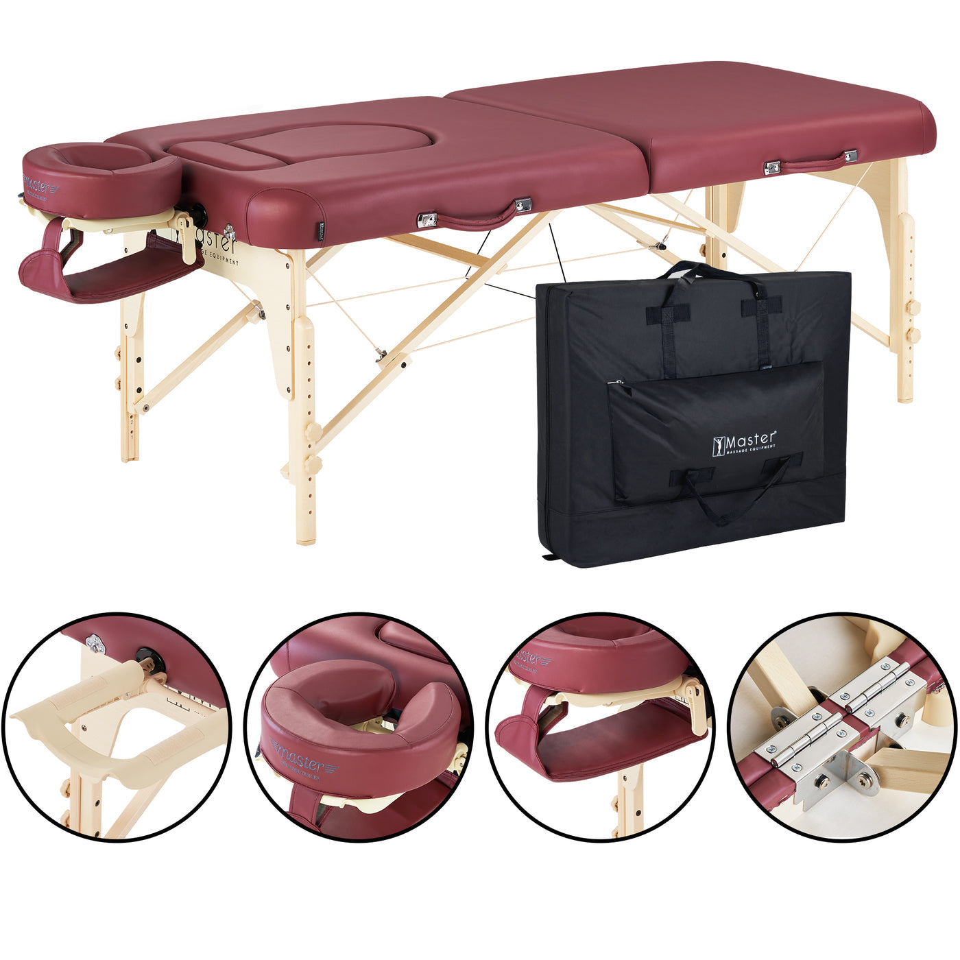 Master Massage EVA PREGNANCY Table: burgundy, wood legs, face cradle & case.