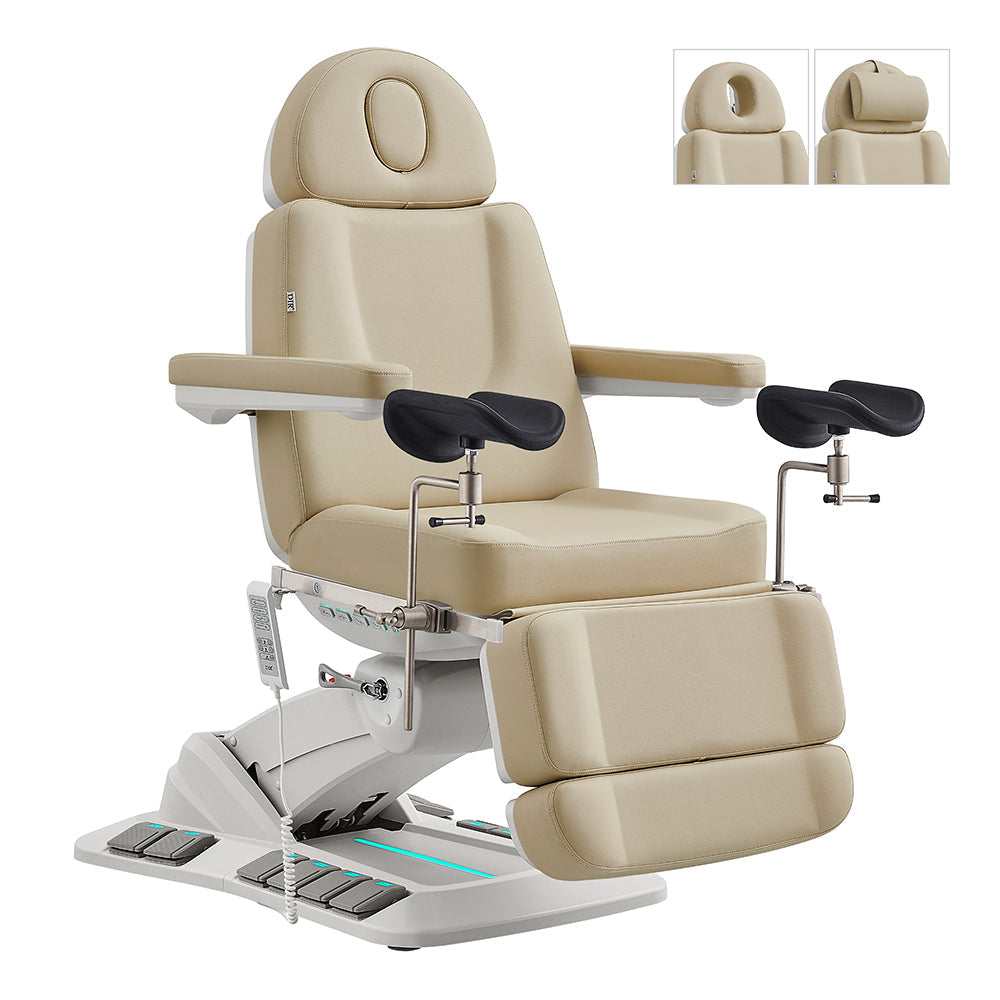 DIR Geneva Exam Table with stirrups, 4 motors, hand & foot remote, shown in side view.