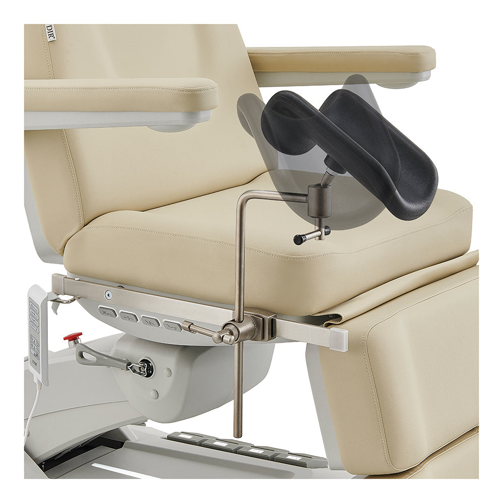 Geneva Exam Table with stirrups, black leg support, beige seat, and adjustable leg rest by DIR.
