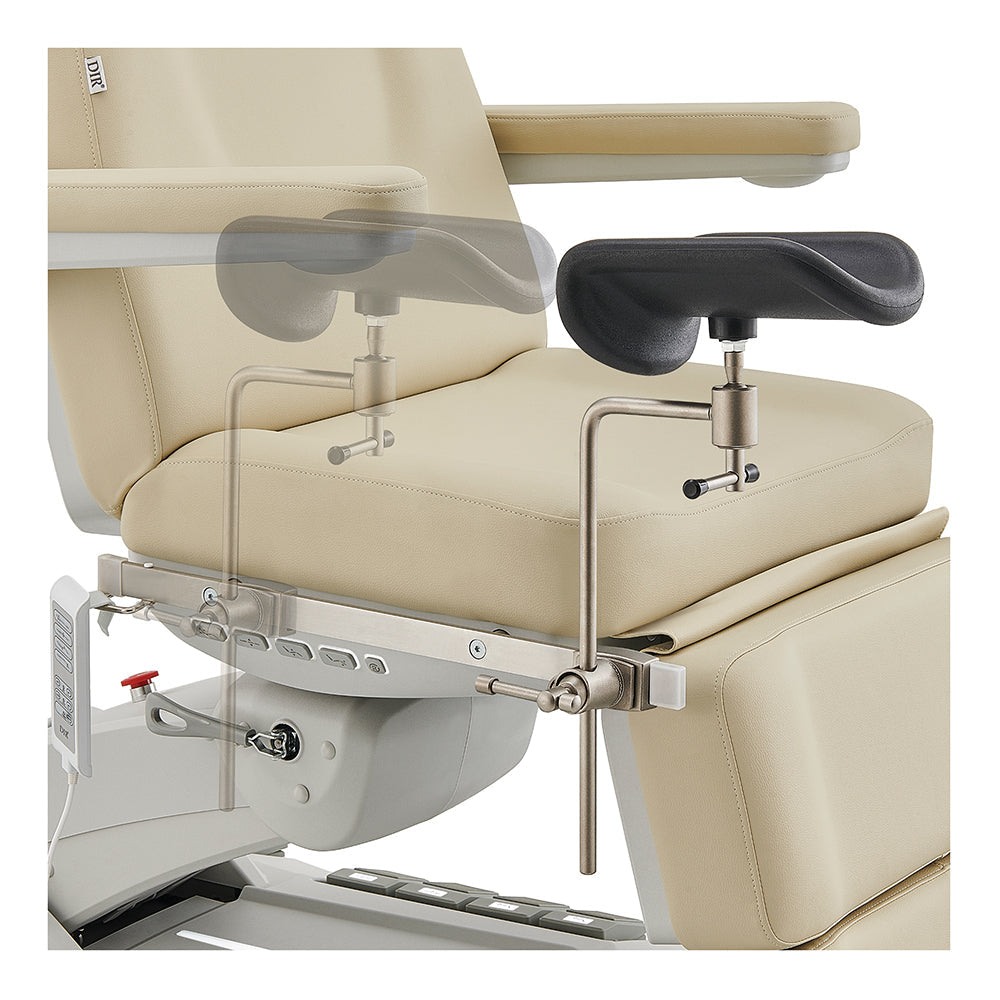 DIR Geneva Exam Table with stirrups and adjustable black arm support, beige, 4 motors.