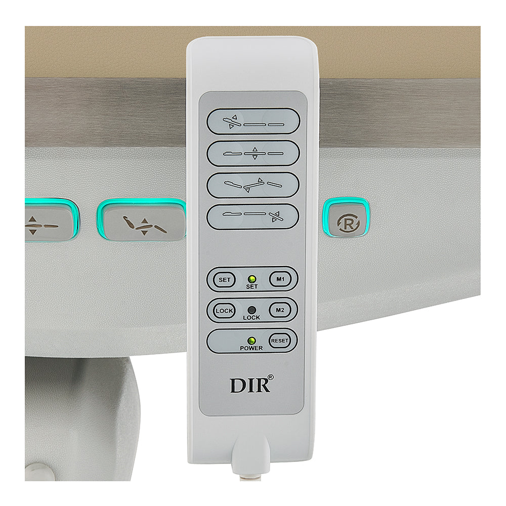White control panel with labeled buttons on DIR Geneva Exam Table w/ stirrups, 4 motors, remotes.