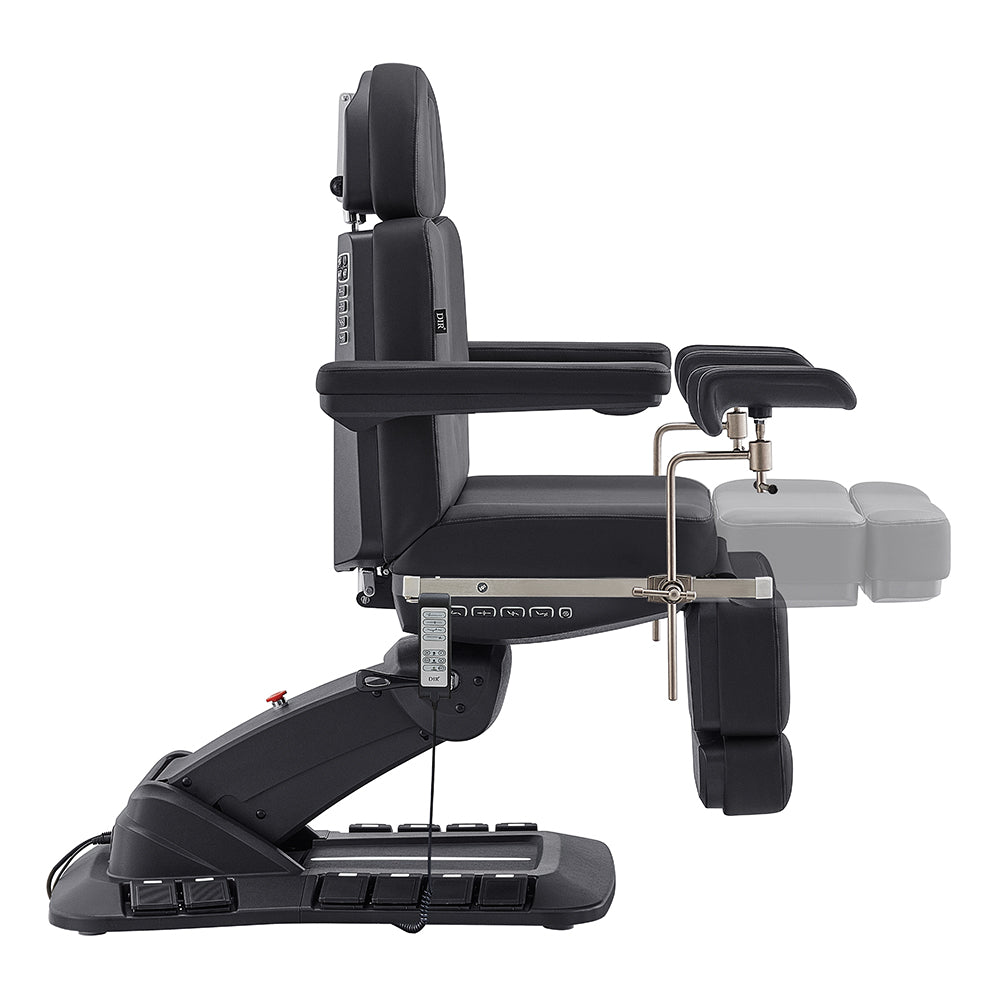 DIR Geneva Exam Table with stirrups, 4 motors, hand & foot remote, side view.