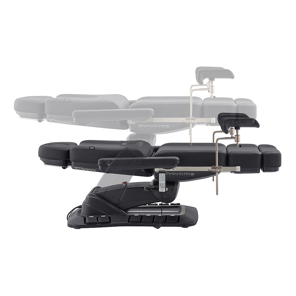 DIR Geneva Exam Table with stirrups shown in two inclined positions, 4 motors, hand/foot remote.