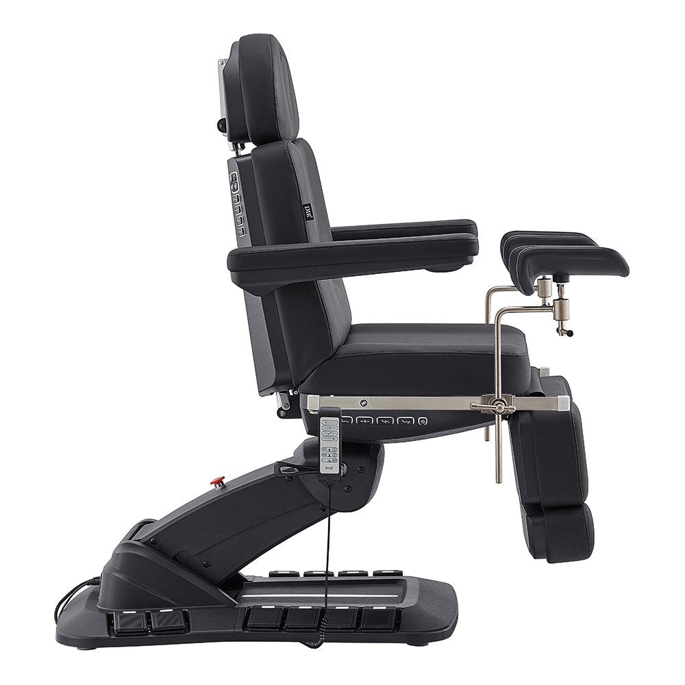 DIR Geneva Exam Table with stirrups, 4 motors, hand & foot remote, side view.