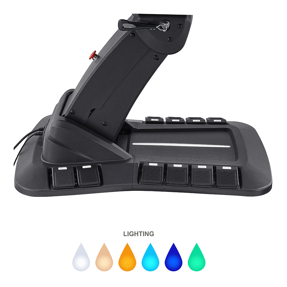 DIR Geneva exam table with stirrups, 4 motors, hand & foot remote, and 6 light icons.