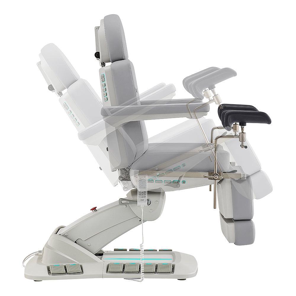 DIR Geneva Exam Table with stirrups shown upright and reclined; hand & foot remote.