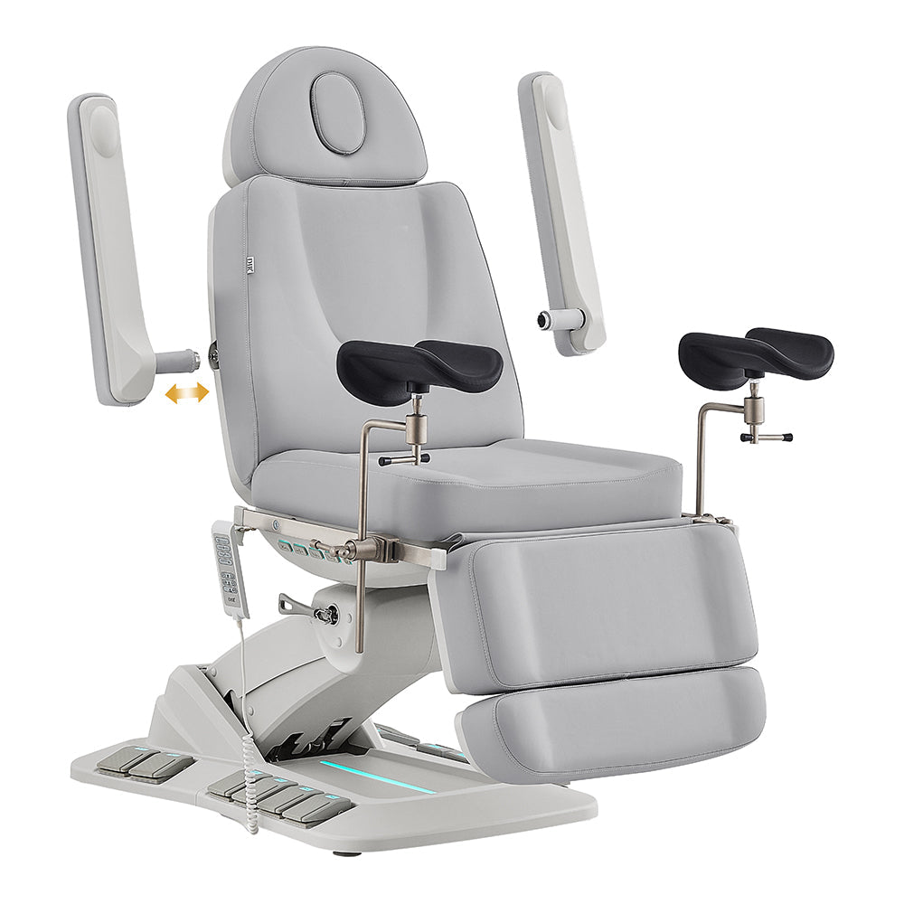 DIR Geneva Exam Table with stirrups, 4 motors, hand & foot remote, light gray.