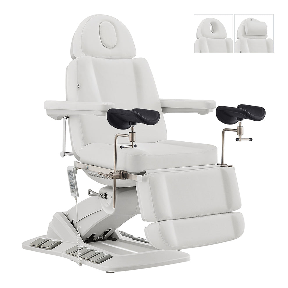 DIR Geneva Exam Table: adjustable with stirrups, padded supports, hand & foot remote, 4 motors.