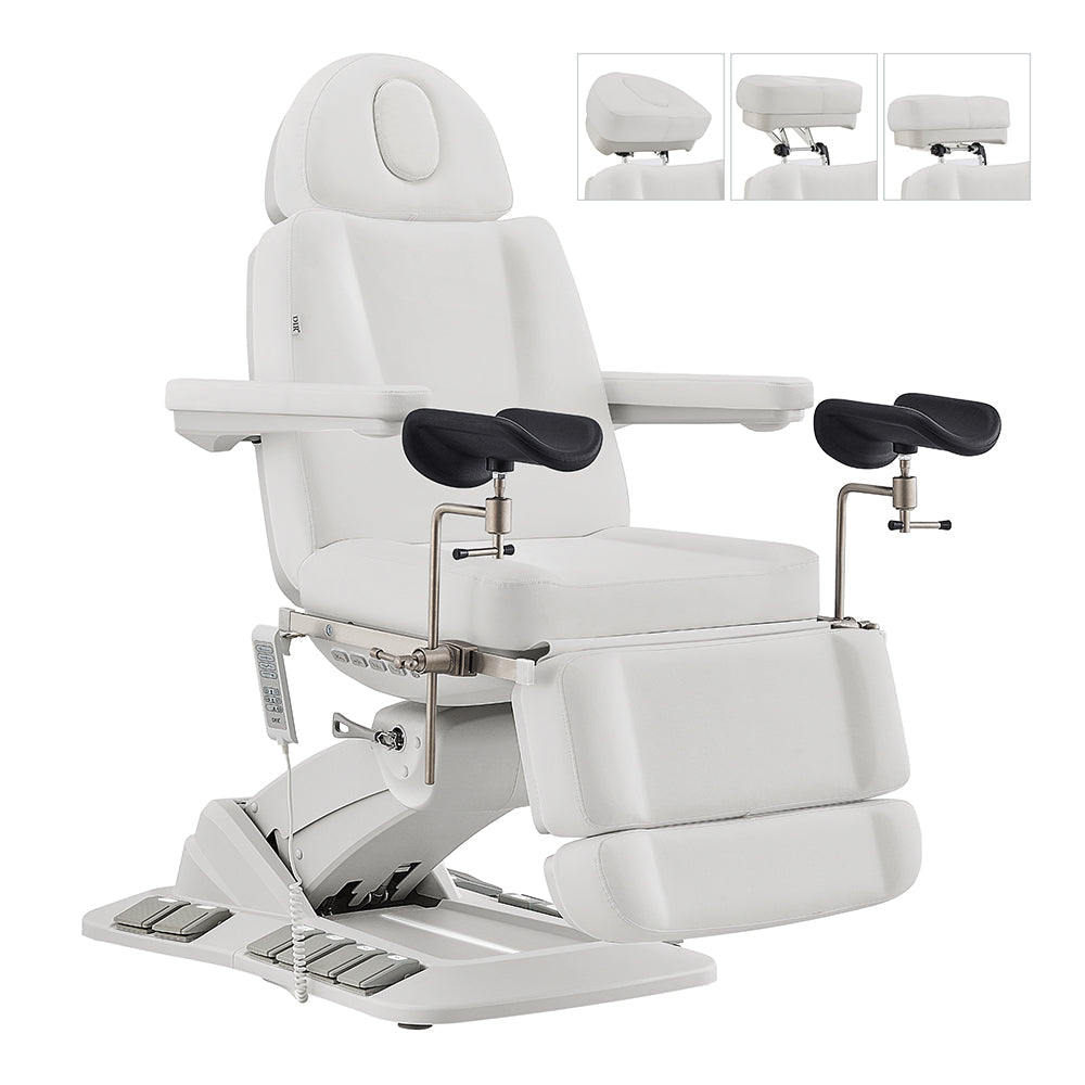 DIR Geneva Exam Table with stirrups, 4 motors, hand & foot remote, shown from various angles.