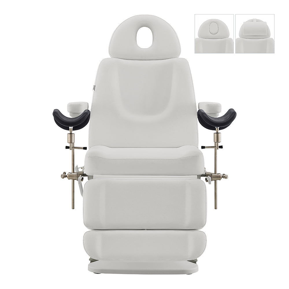 DIR Geneva Exam Table with stirrups, 4 motors, hand & foot remote, white finish.