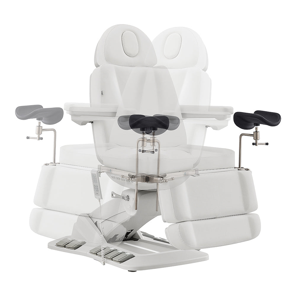 DIR Geneva Exam Table with stirrups, 4 motors, hand & foot remote, on white background.