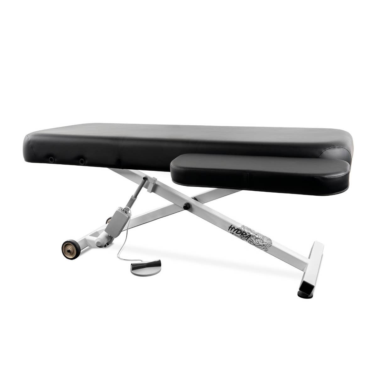 EarthLite HYDRA Lift Tattoo Table: black, metal frame, hydraulic foot pedal for comfort.