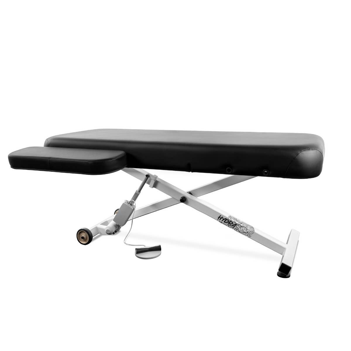 EarthLite HYDRA Lift Tattoo Table: adjustable black metal frame and hydraulic lift for comfort.