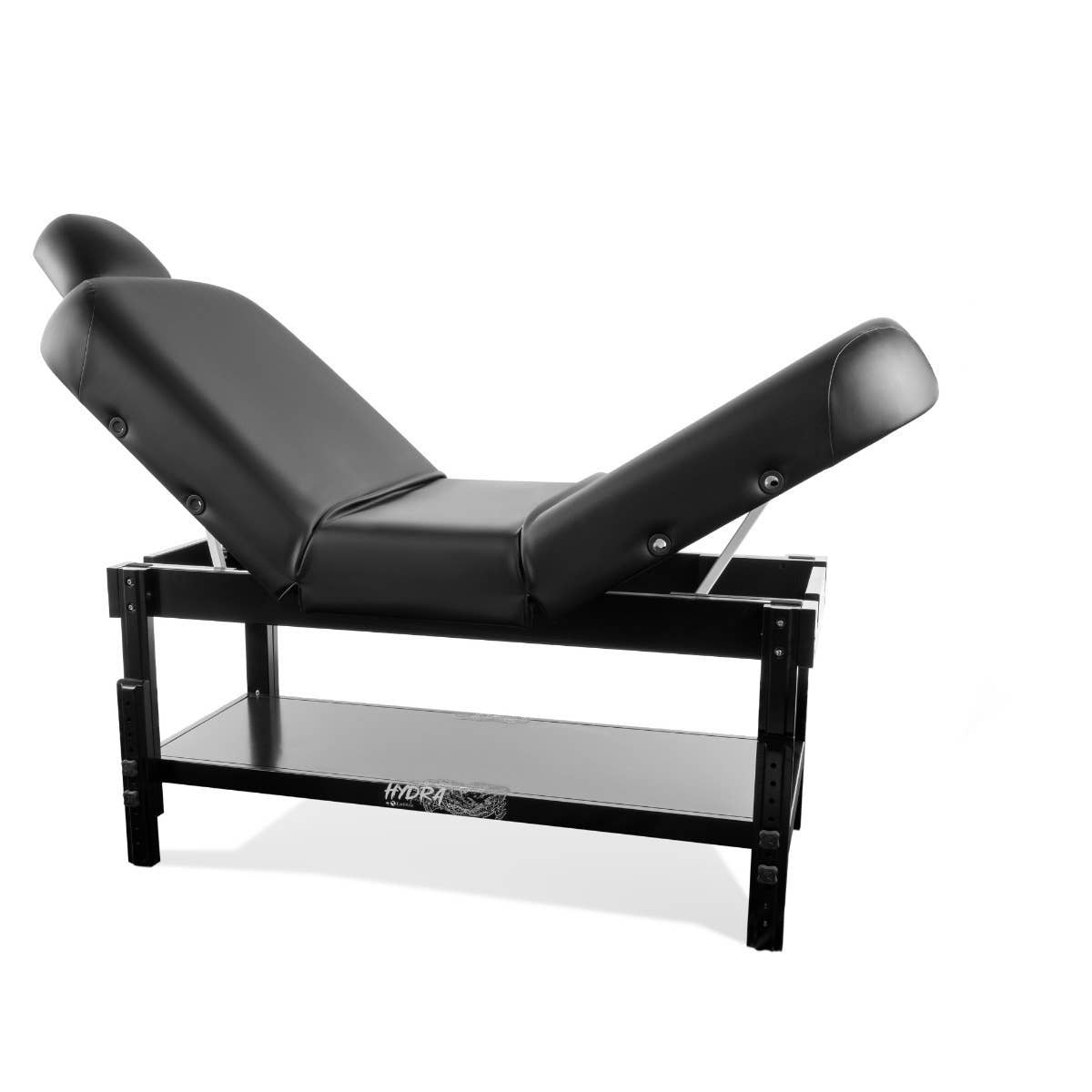 EarthLite HYDRA Stationary Tattoo Table with manual height and raised backrest, metal frame.