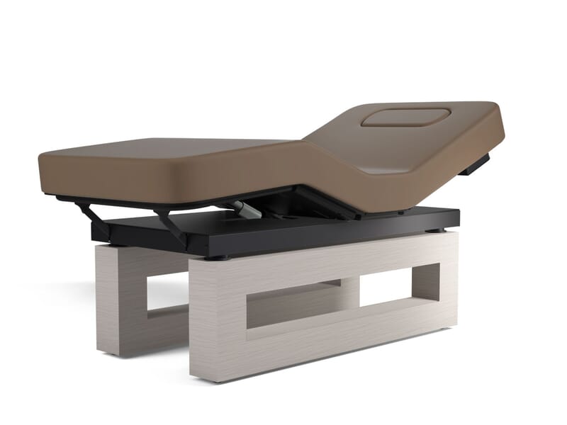 Oakworks Spa ICON Master's Table, adjustable brown top, modern white base, shown on white.